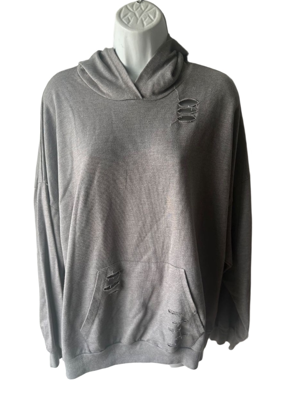 Jolie & Joy Gray Distressed Pullover Hoodie Ladder Rips Kangaroo Pocket 3X